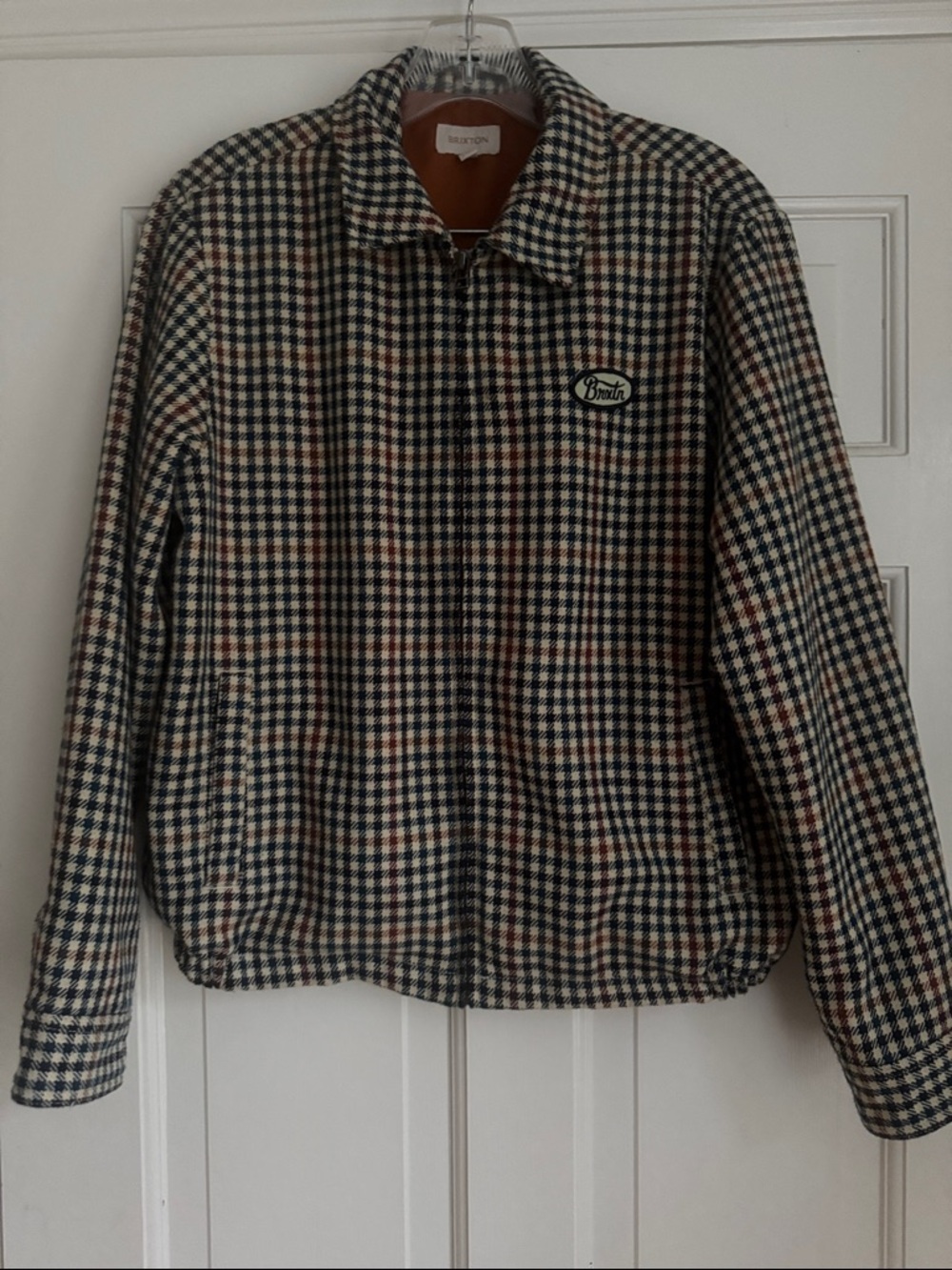Brixton Checked Lightweight Harrington Jacket in Cream, Navy & Brown